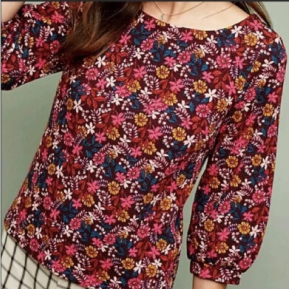 Maeve Burgundy Floral Boatneck Blouse with Pink, Blue & Mustard Accents